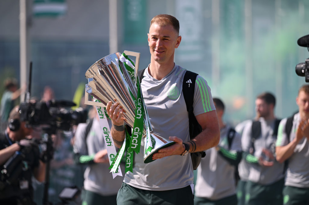 Joe Hart arrives at Celtic Park with the Scottish Premiership trophy