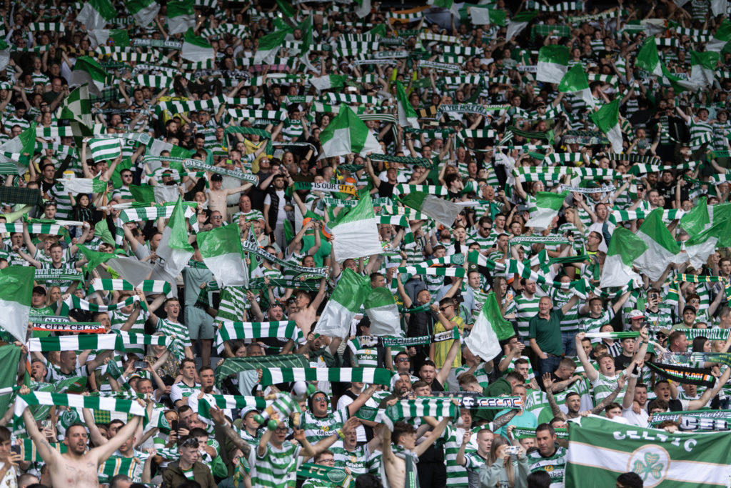 Celtic fans show their support for the side before the Scottish Cup final against Rangers at Hampden Park