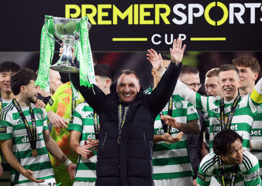 Celtic manager Brendan Rodgers lifts the trophy during the Premier Sports Cup Final between Celtic and Rangers at Hampden Park