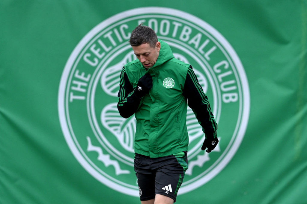 Celtic's Scottish midfielder #42 Callum McGregor takes part in a training session at the Lennoxtown Training Complex