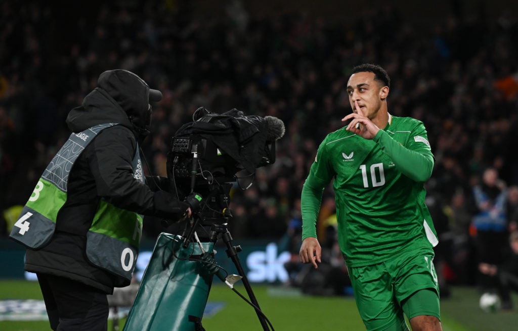 Adam Idah of Republic of Ireland celebrates scoring his team's second goal during the UEFA Nations League 2024/25 League B/C Play-offs Second Leg match between Republic of Ireland and Bulgaria at Aviva Stadium