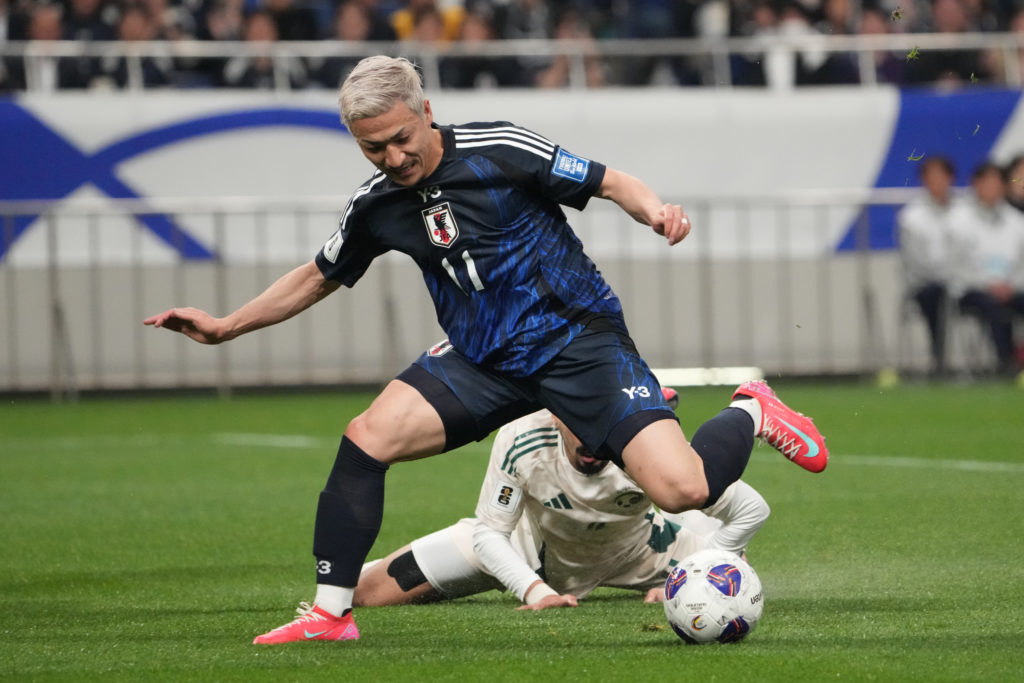 Daizen Maeda of Japan misses the chance to score during the FIFA World Cup qualifier Asian third round Group C match between Japan and Saudi Arabia at Saitama Stadium
