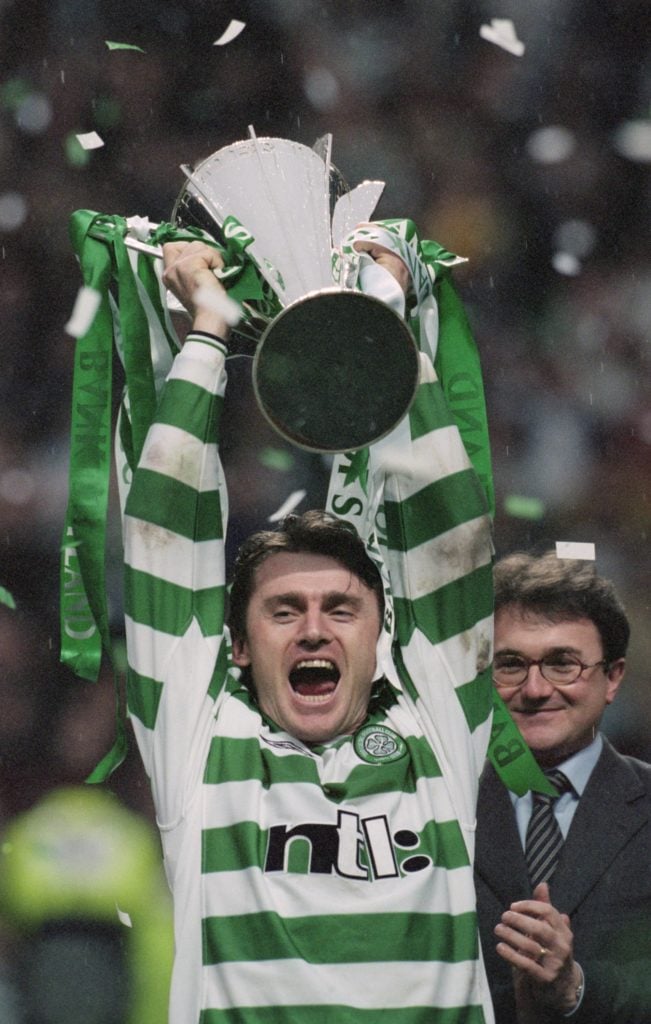 22 Apr 2001:  Lubomir Moravcik of Celtic lifts the league trophy up after the Scottish Premier Division match against Hearts played at Celtic Park, in Glasgow, Scotland. Celtic won the match 1-0.  Mandatory Credit: Stu Forster /Allsport