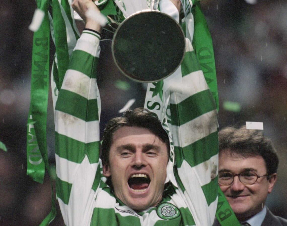 22 Apr 2001:  Lubomir Moravcik of Celtic lifts the league trophy up after the Scottish Premier Division match against Hearts played at Celtic Park,...