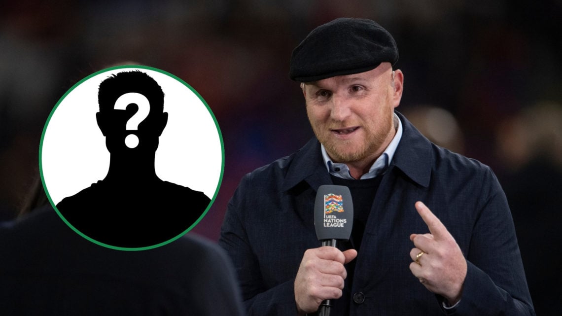 Commentator and pundit John Hartson before the UEFA Nations League match, with an inset mystery player silhouette.