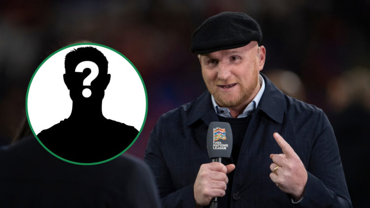 Commentator and pundit John Hartson before the UEFA Nations League match, with an inset mystery player silhouette.