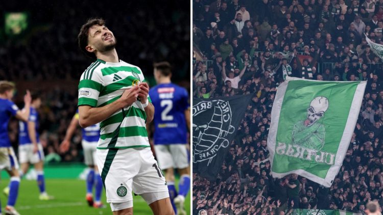 Nicolas Kuhn (left) looks frustrated and Celtic fans (right)