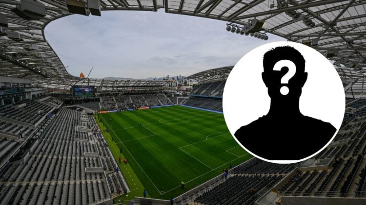 Image of a general view of the BMO Stadium home to Los Angeles FC with a inset of a mystery player silhouette