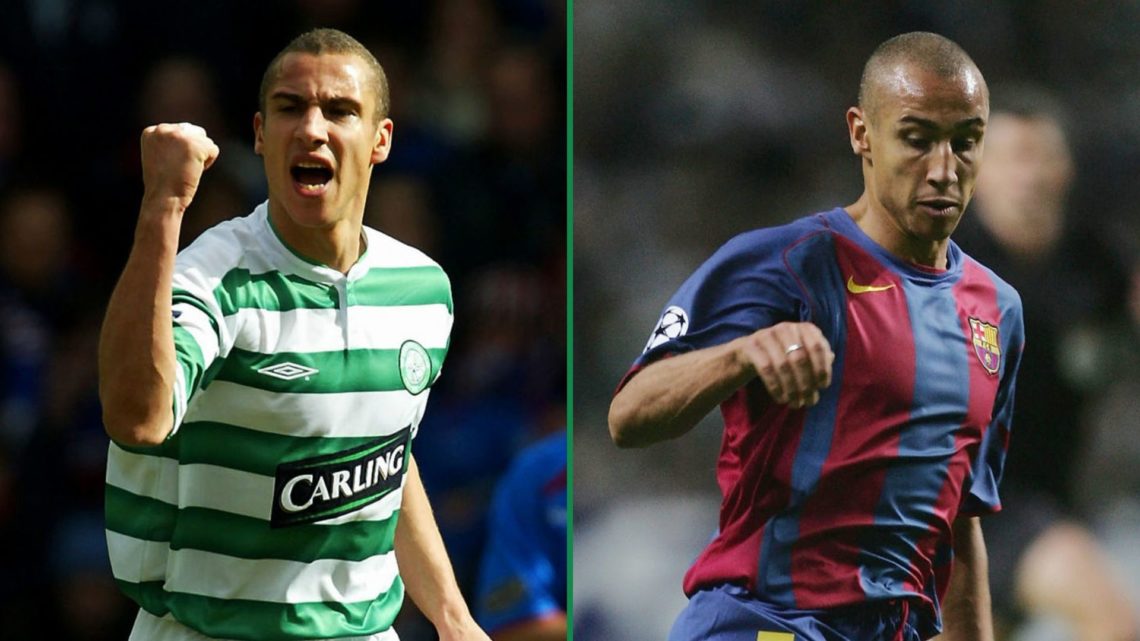Henrik Larsson with Celtic on left and with Barcelona on right