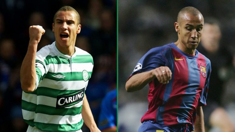 Henrik Larsson with Celtic on left and with Barcelona on right