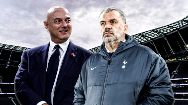Daniel Levy and Ange Postecoglou with Tottenham Hotspur Stadium in background