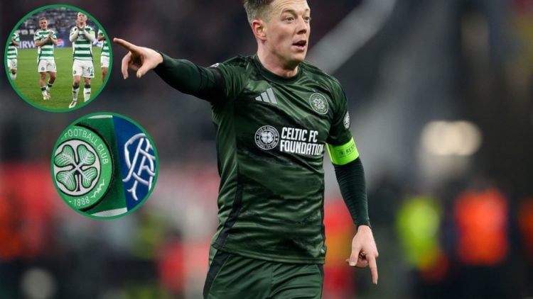 Callum McGregor (centre) points, with two insets of the Celtic skipper and Luke McCowan, as well as Celtic and Rangers' badges.