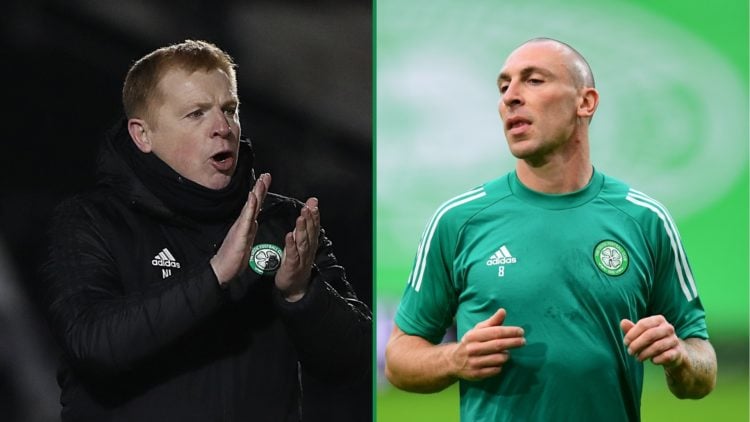 Split image of Celtic manager Neil Lennon is seen during the Ladbrokes Scottish Premiership match between St. Mirren and Celtic at SMISA Stadium on...