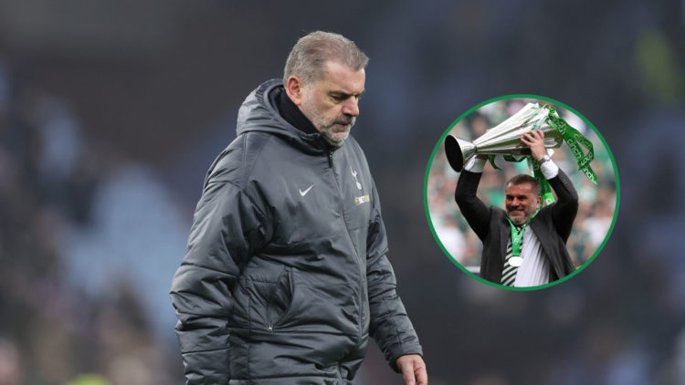 Postecoglou looks upset as he looks down after a Spurs game, with an inset of him lifting the Cinch Scottish Premiership trophy.