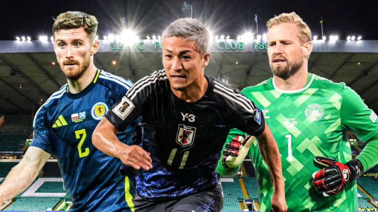 Anthony Ralston, Daizen Maeda and Kasper Schmeichel with Celtic Park in background