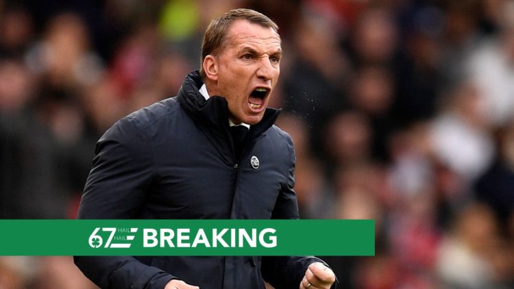 Image of Leicester City's Northern Irish manager Brendan Rodgers shouts instructions to the players from the touchline during the English Premier L...