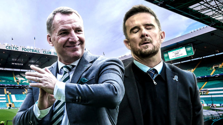 Brendan Rodgers and Barry Ferguson with Celtic Park in background