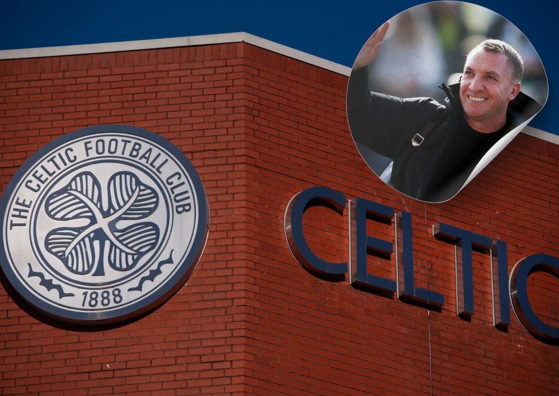 A two-way split image of Celtic Park and Brendan Rodgers
