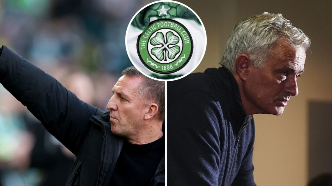 Split image of Brendan Rodgers (left) and Jose Mourinho (right), with the Celtic badge in the middle.