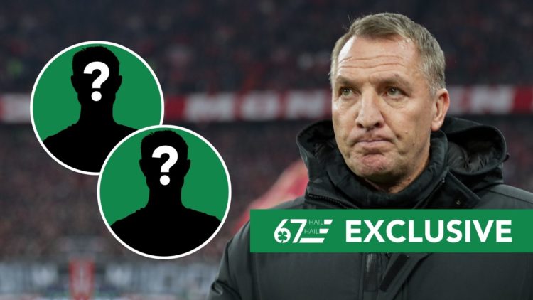 Coach Brendan Rodgers of Celtic F.C. seen during the UEFA Champions League 2024/2025 match. Inset, two mystery players.