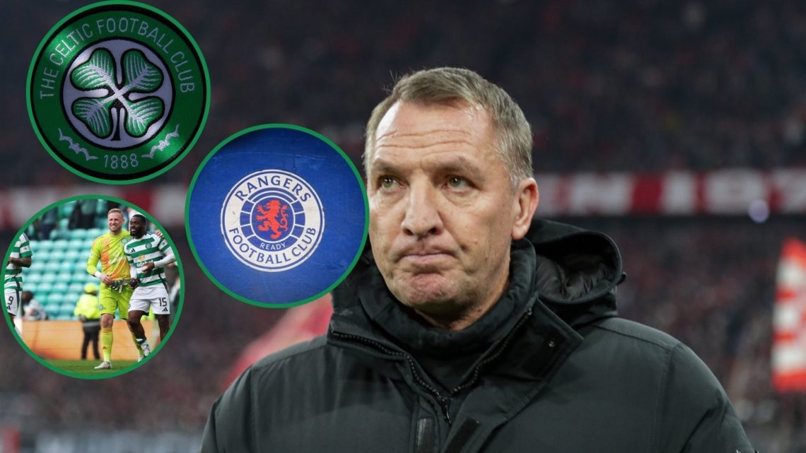 Brendan Rodgers looks on (middle), with three insets of the Celtic badge, Rangers badge and Hoops players
