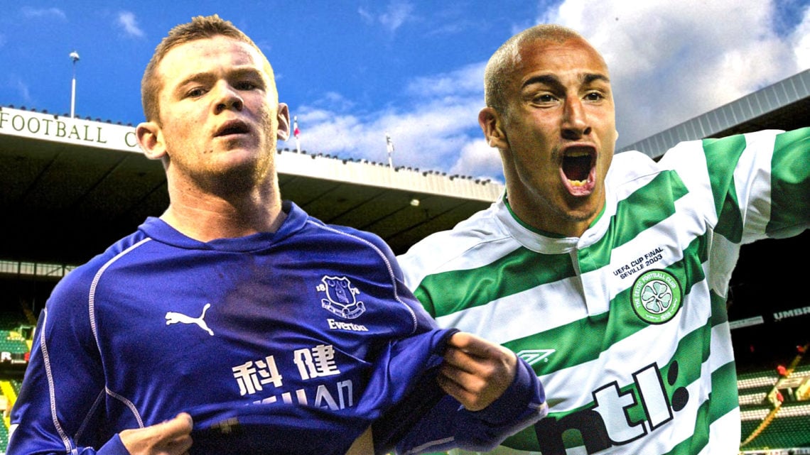 Wayne Rooney on the left, Henrik Larsson on the right, with Celtic Park as the background