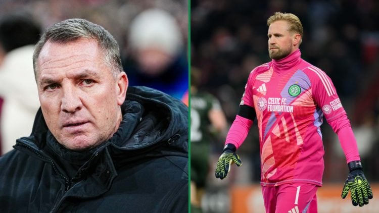 Split image of Kasper Schmeichel and Brendan Rodgers, both in Celtic attire.