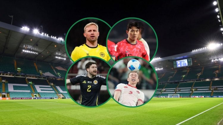 Kasper Schmeichel, Yang, Anthony Ralston and Alistair Johnston all inset centre with Celtic Park in background