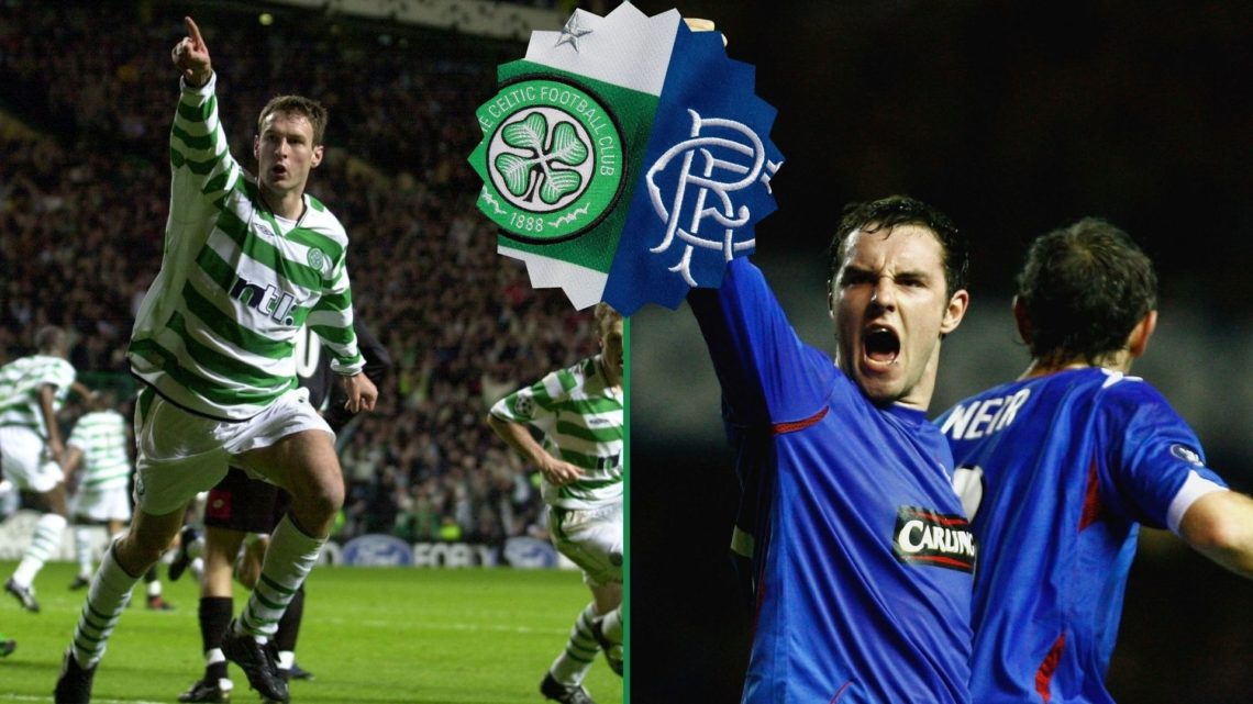 Chris Sutton (right), with Kris Boyd (left) and an inset of the Celtic and Rangers badges.