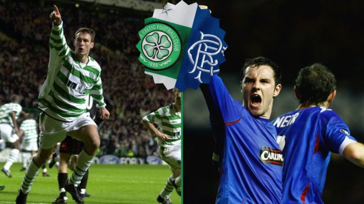 Chris Sutton (right), with Kris Boyd (left) and an inset of the Celtic and Rangers badges.