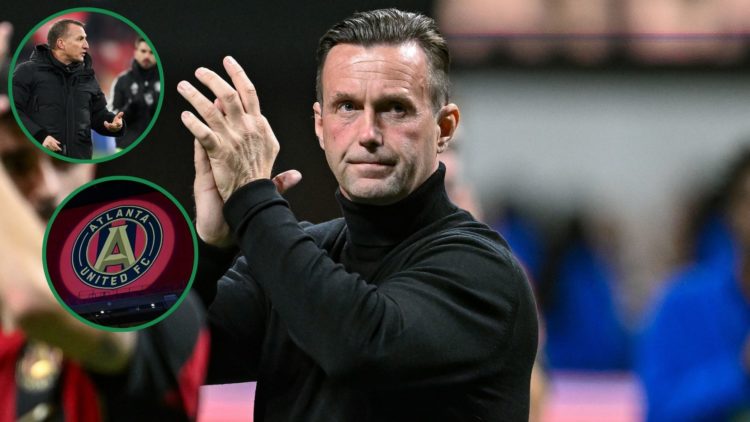 Ronny Deila (centre), with insets of Brendan Rodgers and Greg Taylor, as well as the Atlanta United badge