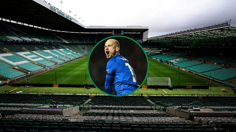 Celtic Park background image with a circular inset in the centre of Vaclav Černý.