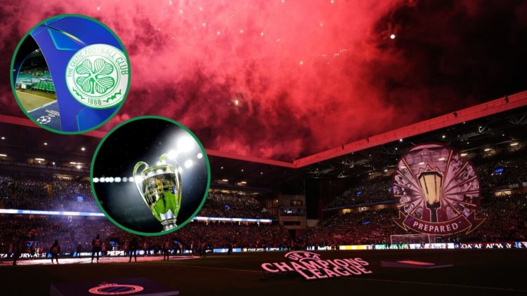 Overview of Villa Park before Champions League clash against Club Brugge, with two insets, the Champions League trophy and the Celtic badge.