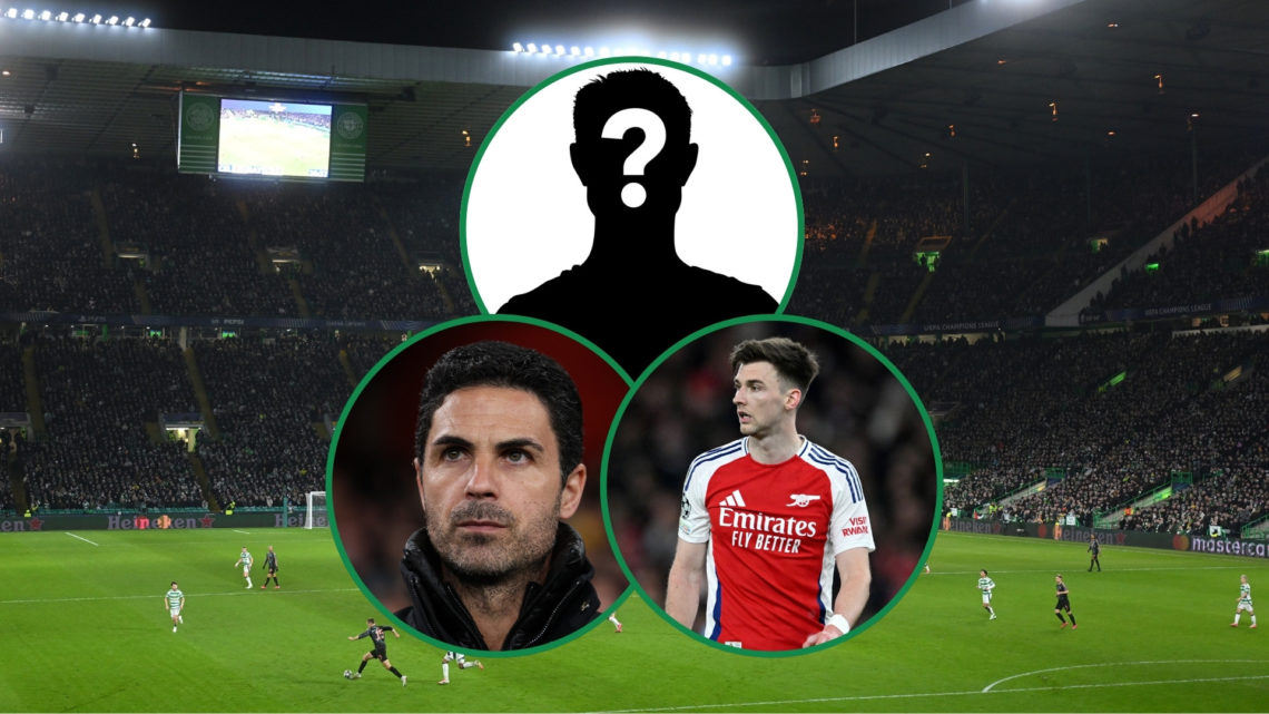 Background image of Celtic Park Stadium, with three insets featuring Mikel Arteta, Kieran Tierney, and a question mark player silhouette.