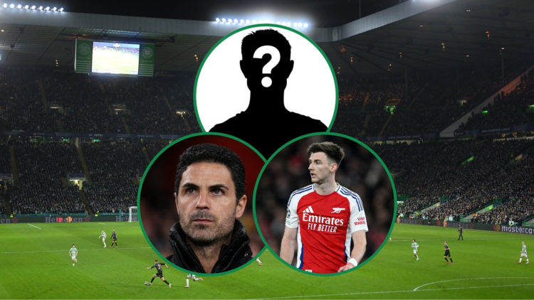 Background image of Celtic Park Stadium, with three insets featuring Mikel Arteta, Kieran Tierney, and a question mark player silhouette.