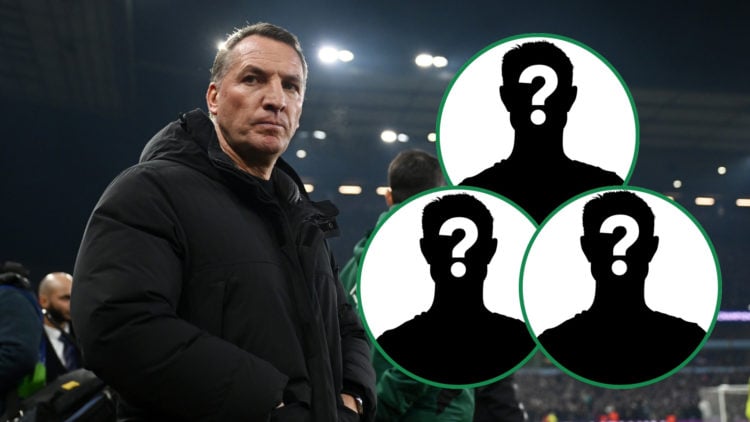 Brendan Rodgers looking unhappy, with three insets of mystery player silhouettes.