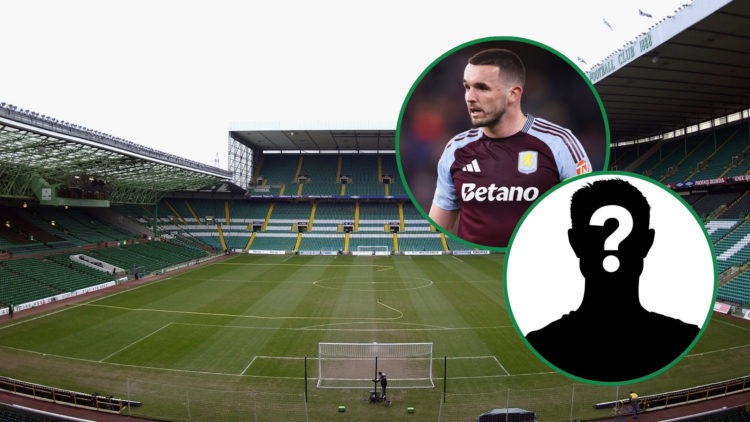 Celtic Park Stadium background image with an inset of John McGinn and a mystery player silhouette.