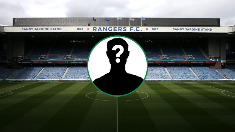 Background image of Ibrox Stadium with a central circular inset featuring a mystery player silhouette.