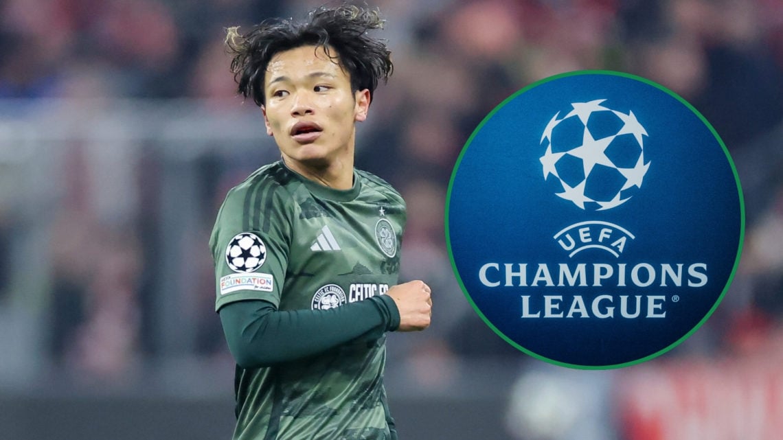 Reo Hatate of Celtic FC looks on during a UEFA Champions League 2024/25 match, with an inset of the Champions League logo.