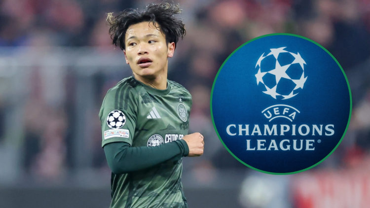 Reo Hatate of Celtic FC looks on during a UEFA Champions League 2024/25 match, with an inset of the Champions League logo.