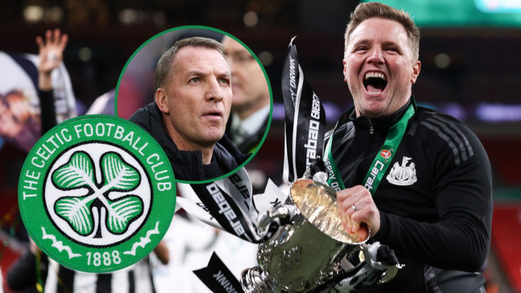 Newcastle United manager Eddie Howe celebrates with the Carabao Cup trophy during the Carabao Cup Final, with two insets of Brendan Rodgers and a C...