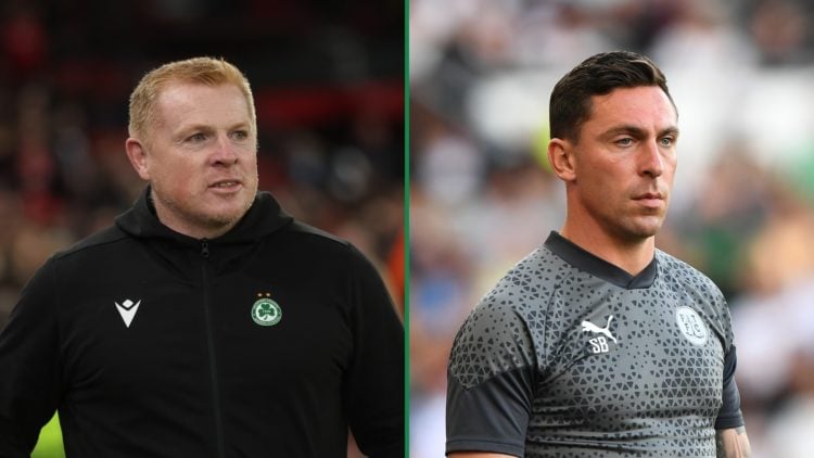 A split image of Neil Lennon (left) and Scott Brown (right), both in their respective roles as managers.
