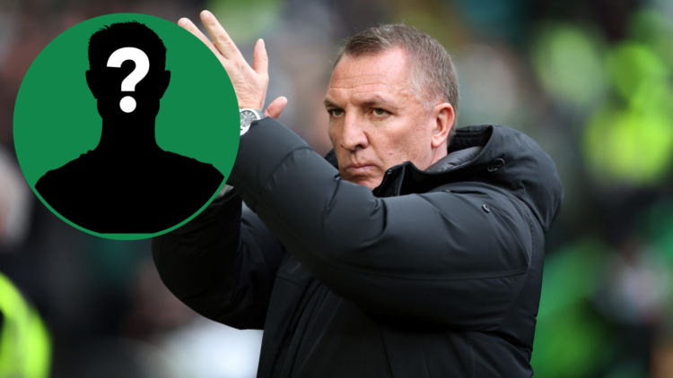 Brendan Rodgers applauds Celtic fans during match, circular mystery player inset