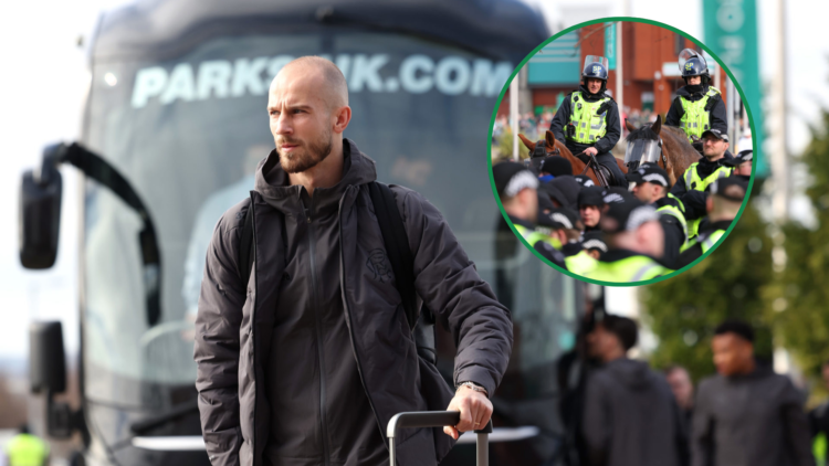 Images of Rangers player Vaclav Cerny and police on horseback outside Celtic Park
