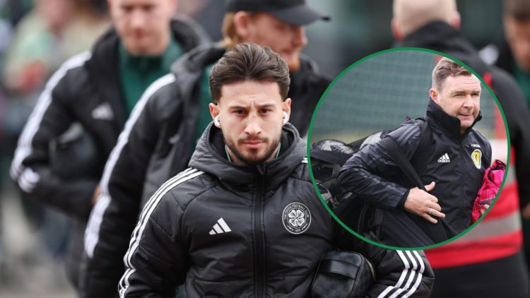 An image of Celtic winger, Nicolas Kuhn and an inset of Peter Grant.
