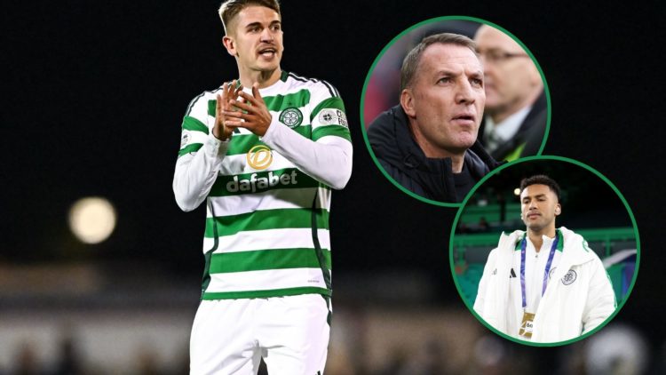 An image of Maik Nawrocki, with two insets of Auston Trusty and Celtic manager Brendan Rodgers.