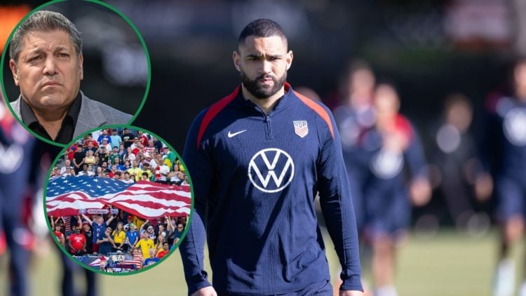 An image of Cameron Carter-Vickers on national duty, with two insets of ex-USMNT star Tony Meola and the USA flag.