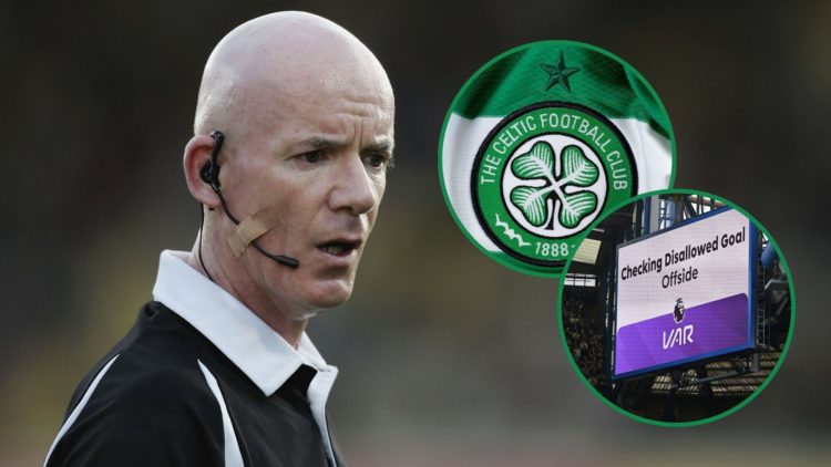 An image of referee Dermot Gallagher, with two insets of the Celtic badge and a screen display a VAR message.