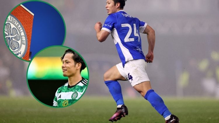 An image of Tomoki Iwata in action for Birmingham City against Newcastle United in the FA Cup, with two insets, including the Celtic crest outside ...