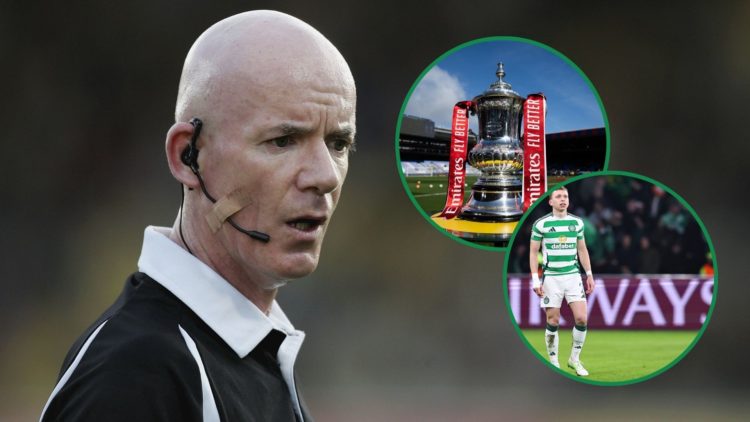 An image of ex-referee Dermot Gallagher, with two insets of the English FA Cup and Celtic's Alistair Johnston.